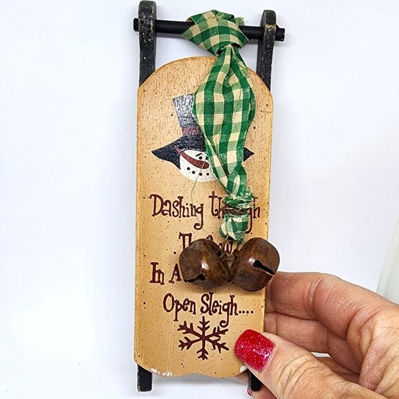 Snowman Wood Sled w Bells Country Cottage Farmhouse Christmas Holiday Ornament - Picture 8 of 8